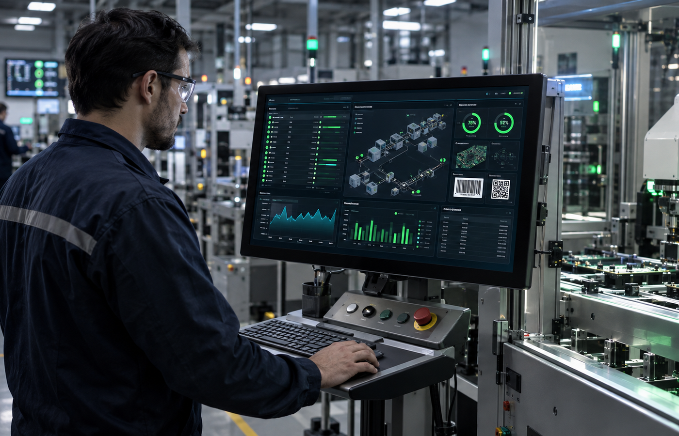 Blacksheep Automation: Photorealistic hardware engineer operating Lamb Chops ERP shopfloor dashboard terminal
