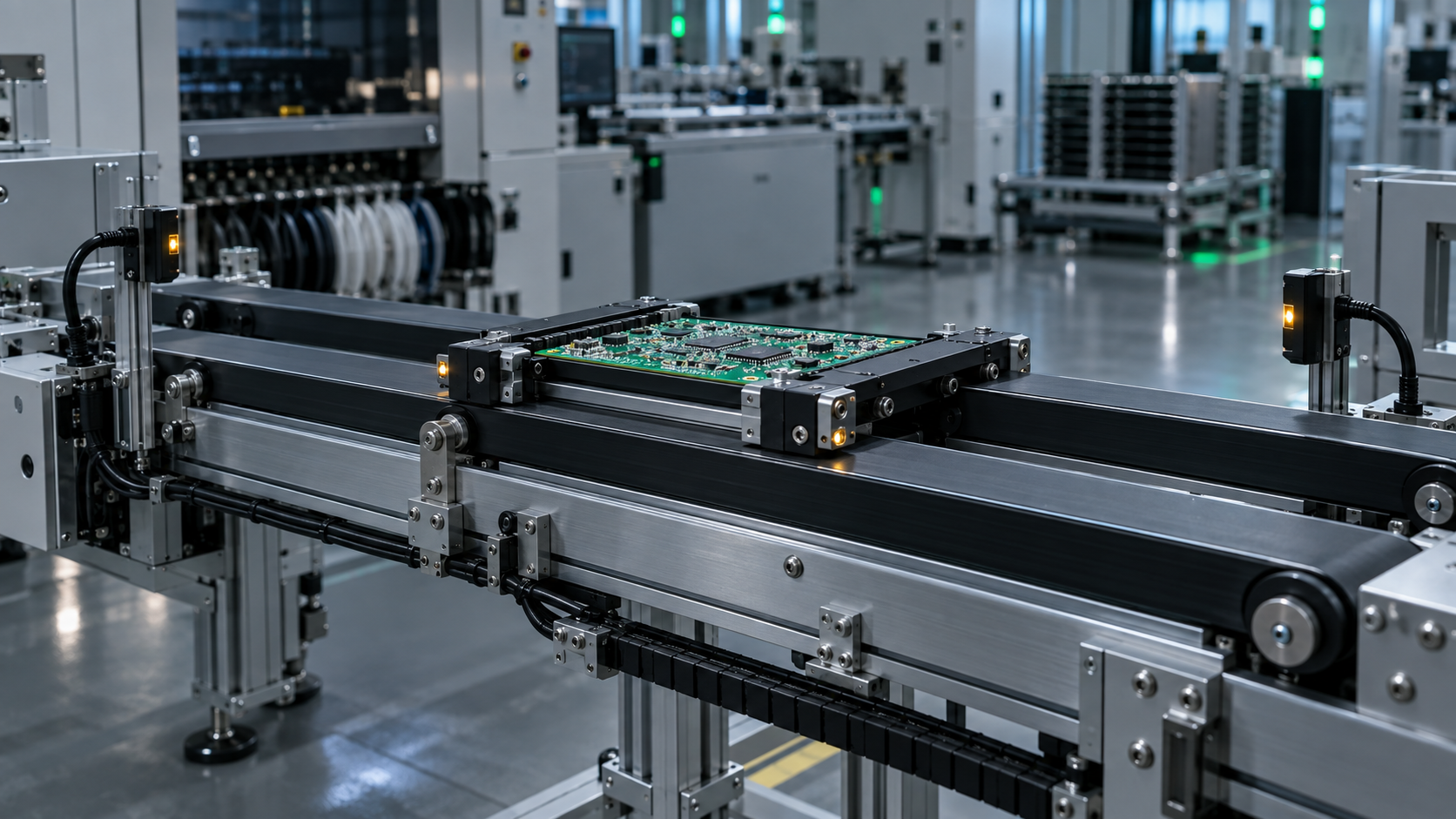 Blacksheep Automation: Photorealistic Smart Dual-Belt SMT Linear Rails with indexing shuttle carrier and optical light-gate sensors